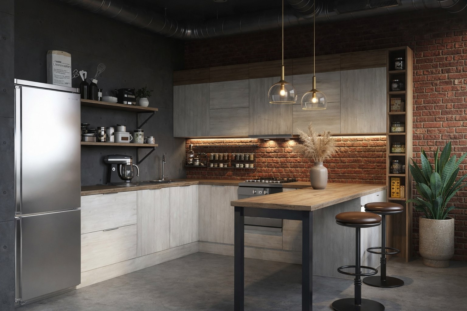 Лофт-кухня с бетонным полуостровом и металлическими элементами