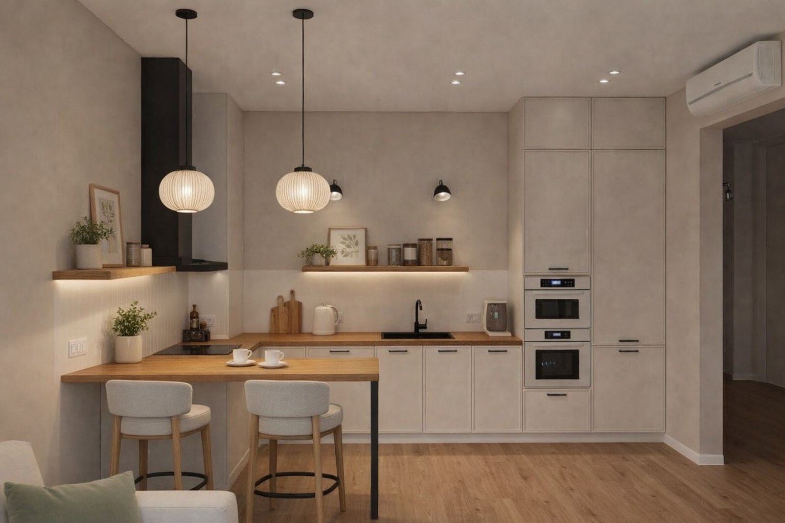 Скандинавская кухня с белым полуостровом и деревянной столешницей